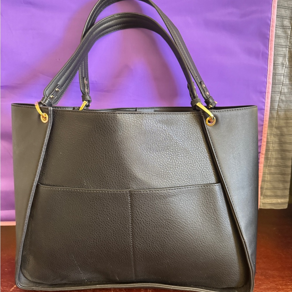 Black Leather Tote with Gold Accents